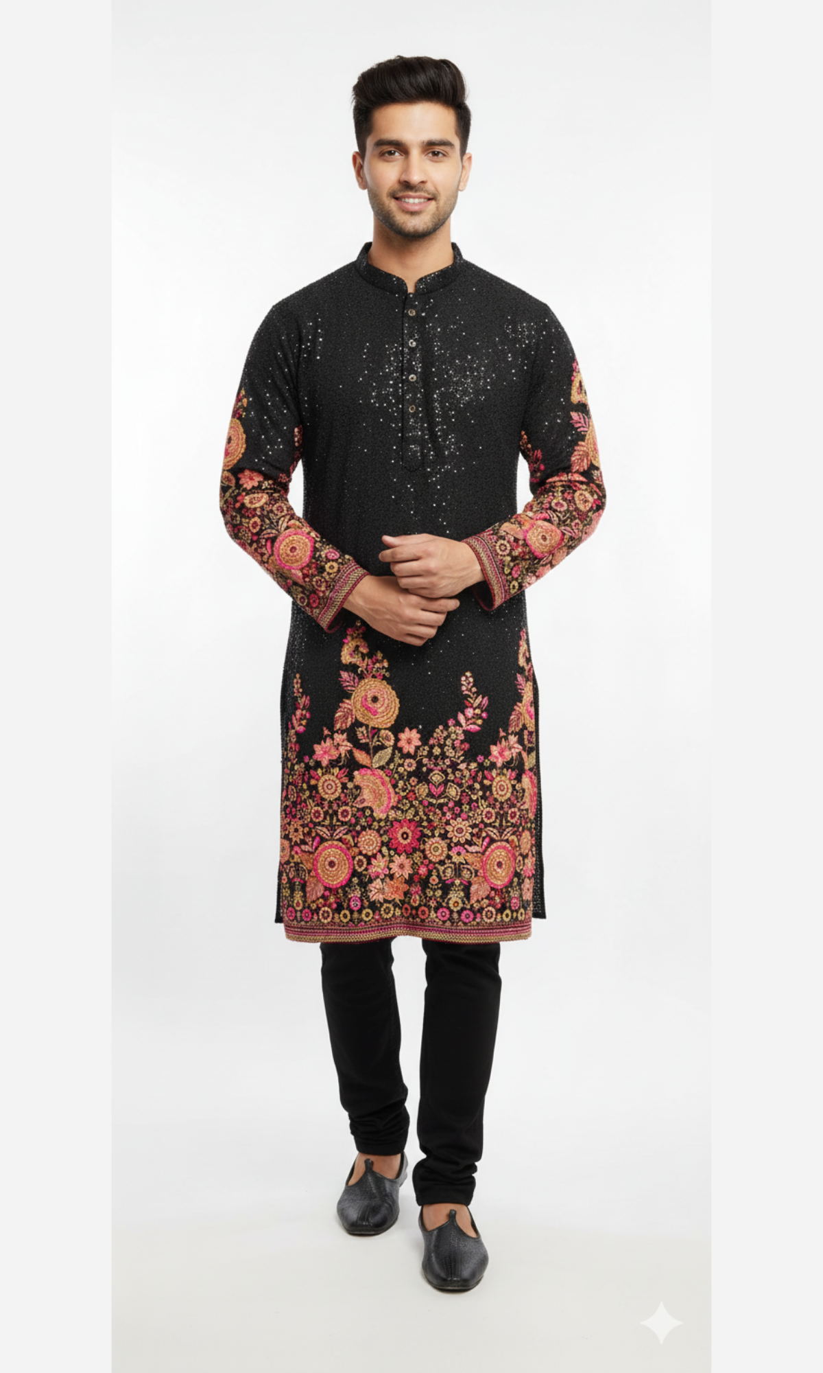 Men's Floral Embroidered Black Kurta