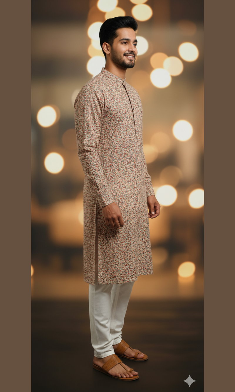 Cream Floral Corduroy Kurta - Red & Blue Botanical Print