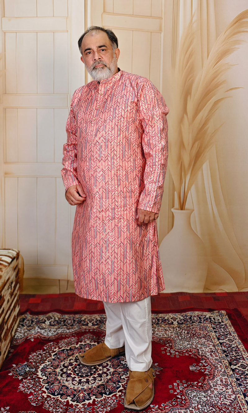 Pink Lined Rich Printed Muslin Silk Kurta