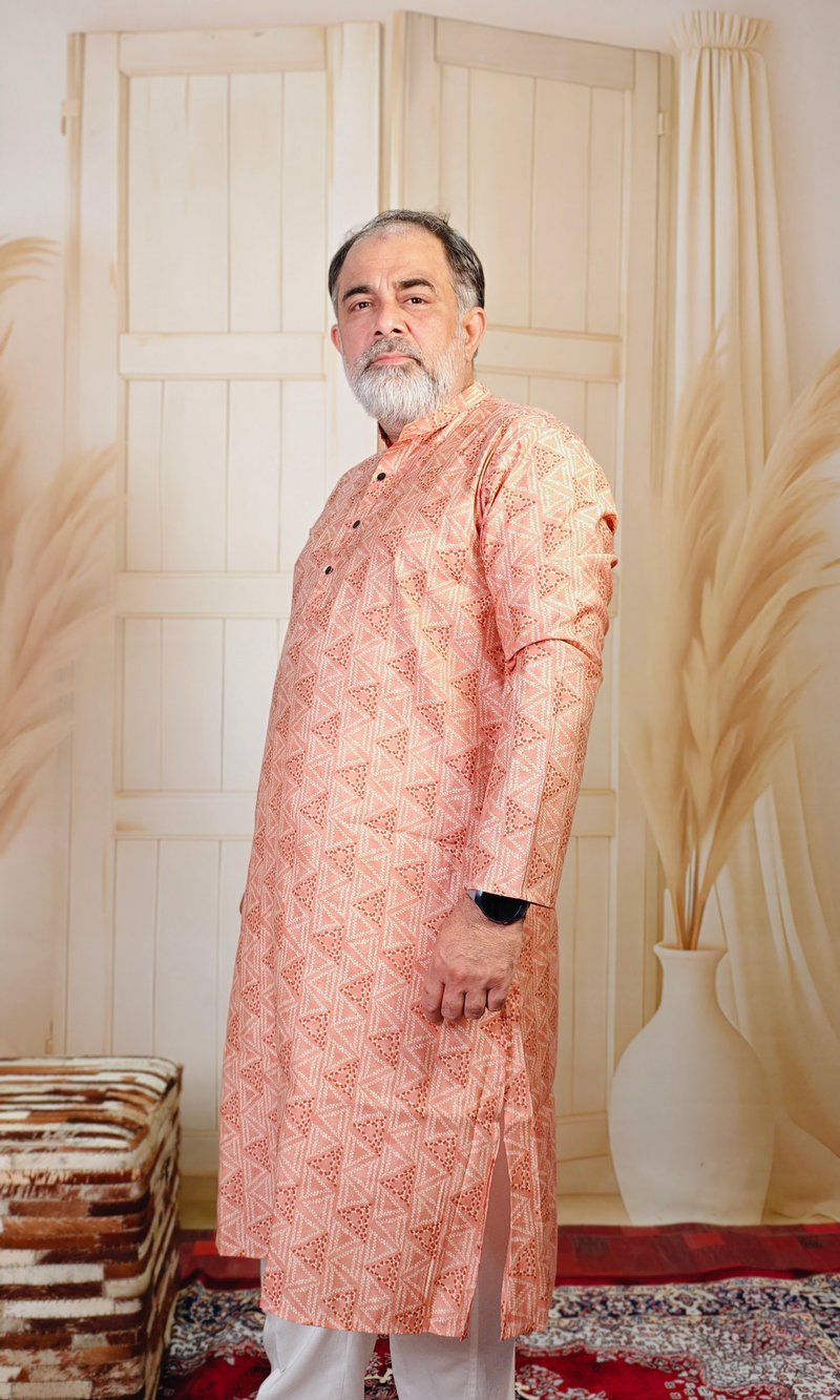 Peach Triangle Pattern Muslin Silk Kurta