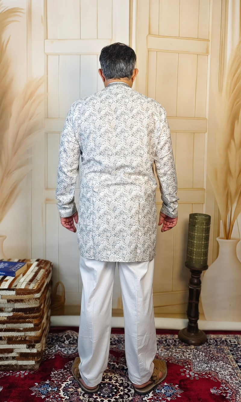 White  Blended Linen Embroidered Short Kurta