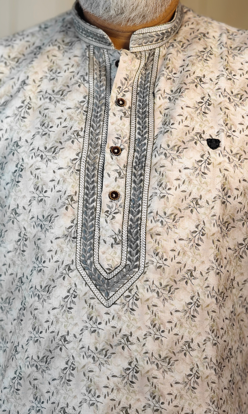 White  Blended Linen Embroidered Short Kurta