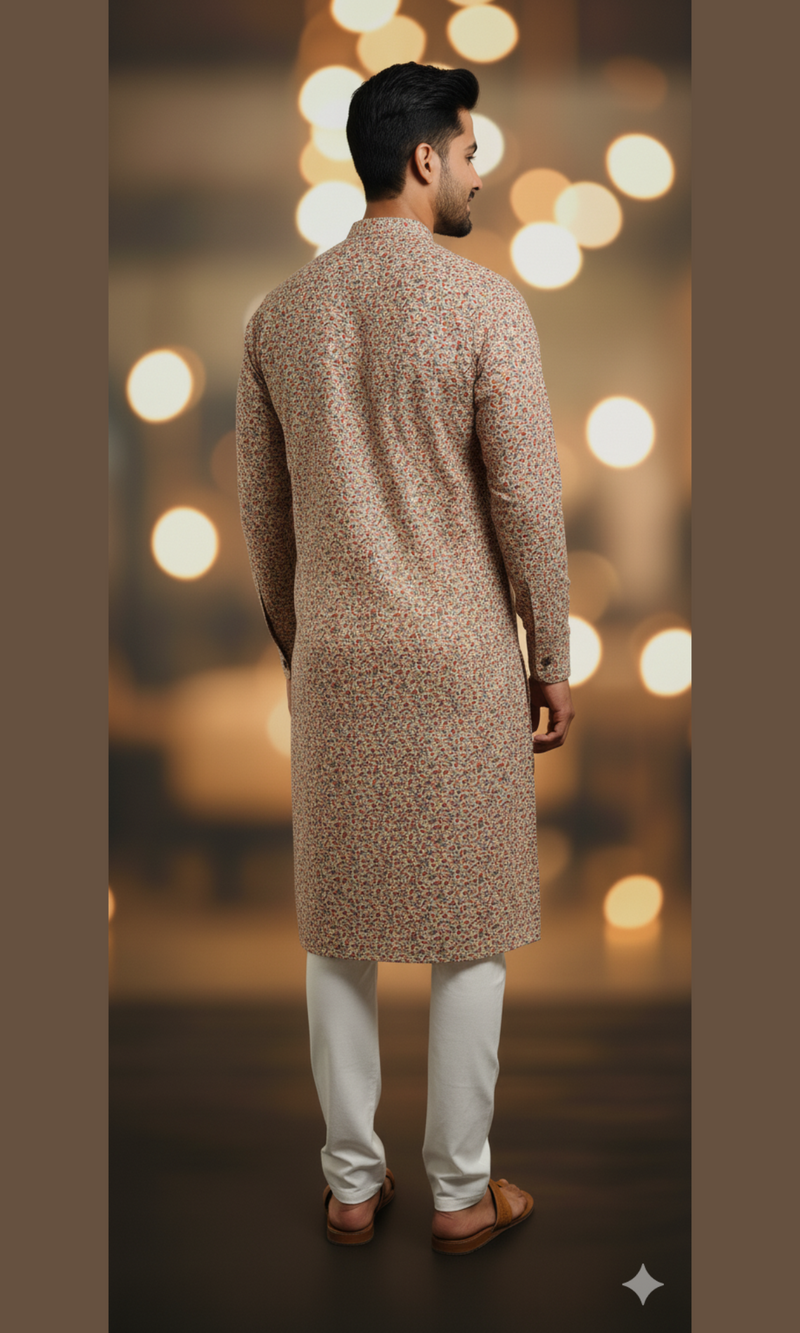 Cream Floral Corduroy Kurta - Red & Blue Botanical Print