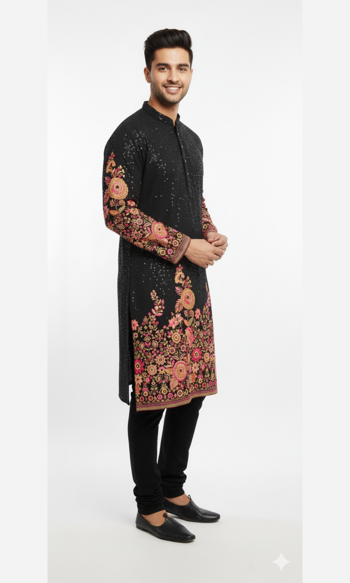Men's Floral Embroidered Black Kurta