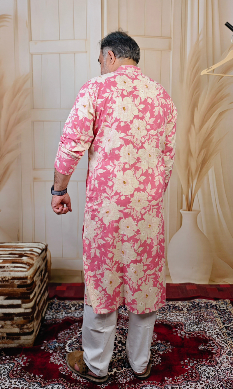 Pink Floral Cotton Foil Printed Kurta