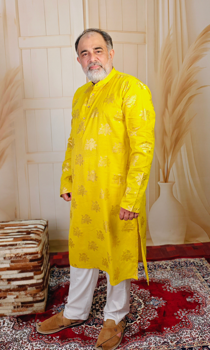 Yellow Golden Rose Printed Cotton Linen Kurta
