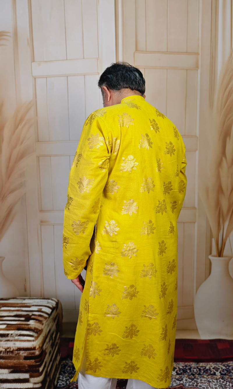 Yellow Golden Rose Printed Cotton Linen Kurta