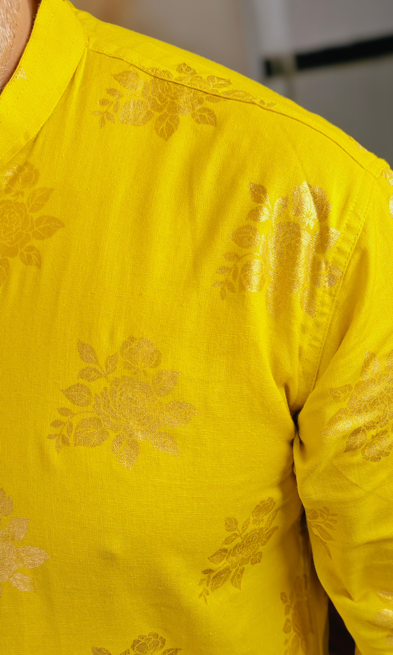 Yellow Golden Rose Printed Cotton Linen Kurta
