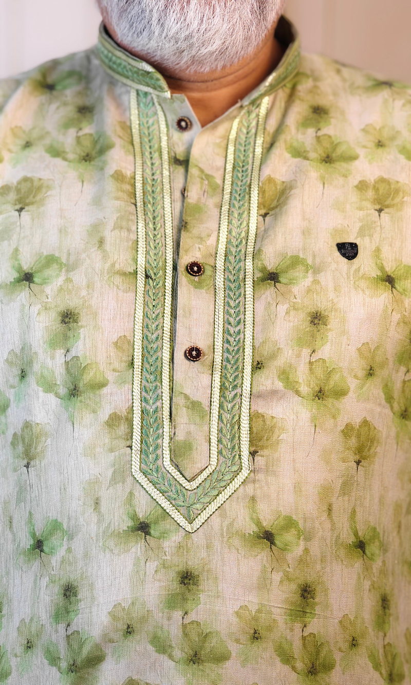 Light Green Blended Linen Embroidered Short Kurta