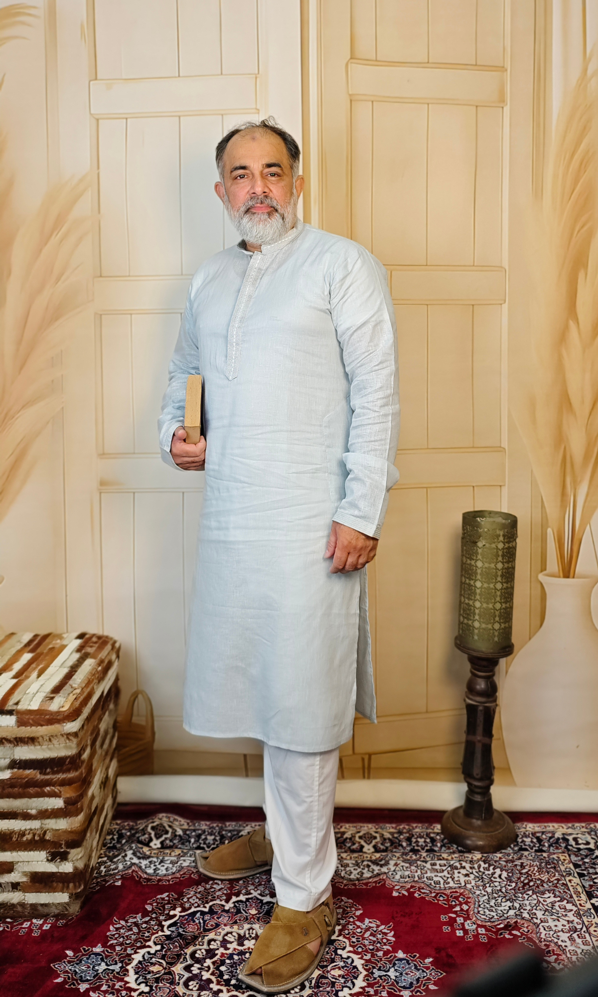 Elegant SkyBlue Linen Kurta with Embroidered Neck and Cuffs