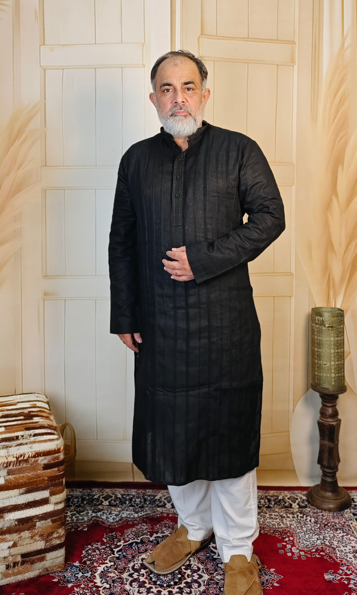 Elegant Black Pure Linen Pintuck Kurta
