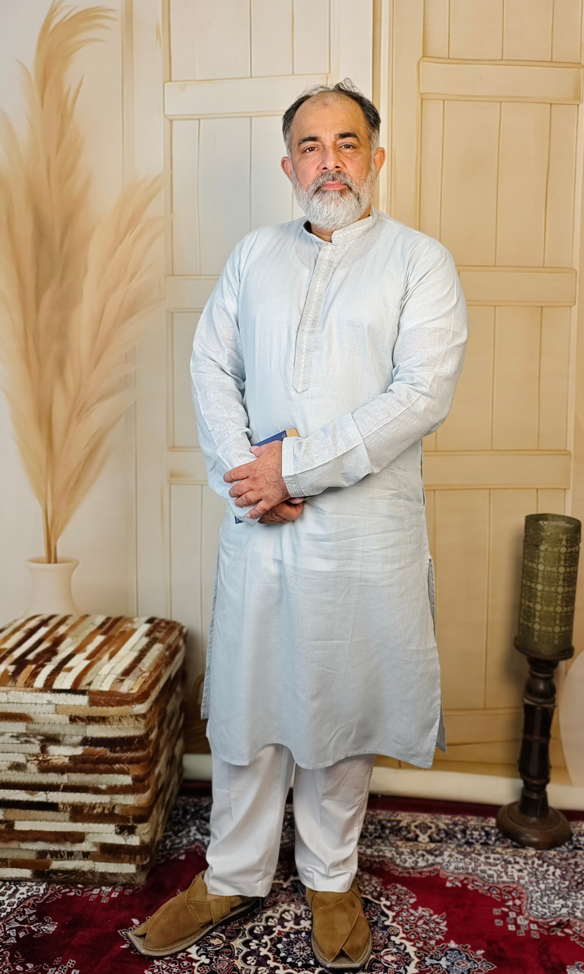 Elegant SkyBlue Linen Kurta with Embroidered Neck and Cuffs