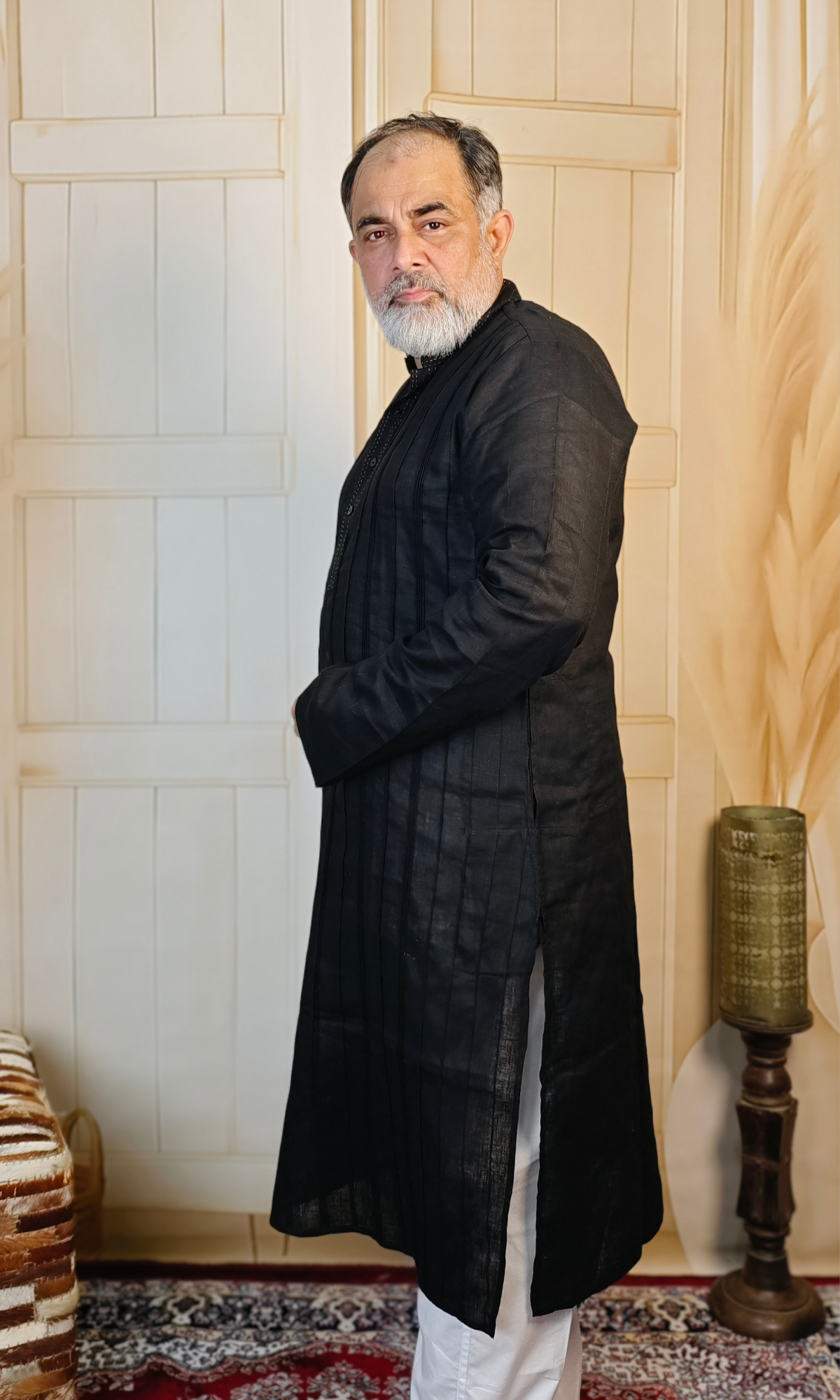 Elegant Black Pure Linen Pintuck Kurta