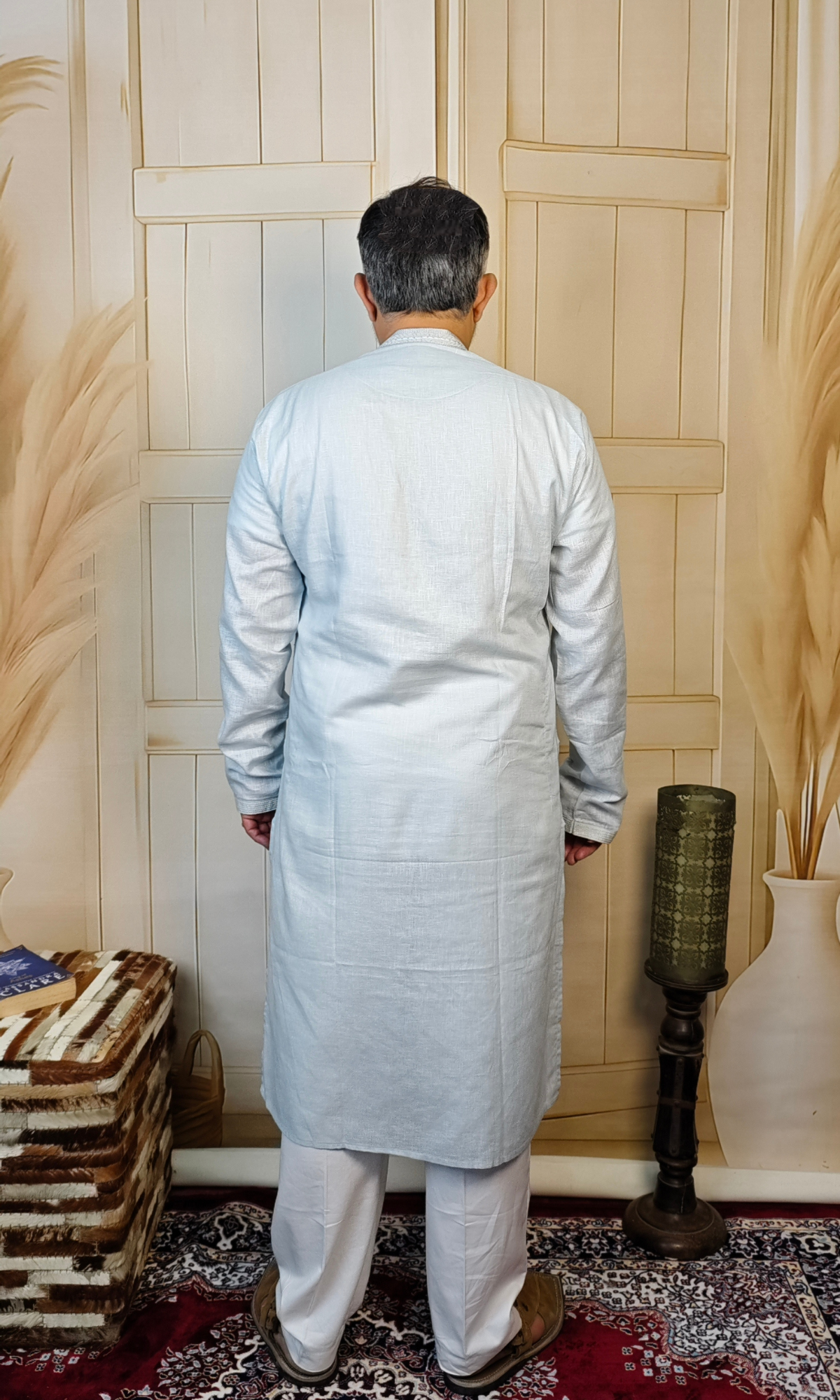 Elegant SkyBlue Linen Kurta with Embroidered Neck and Cuffs