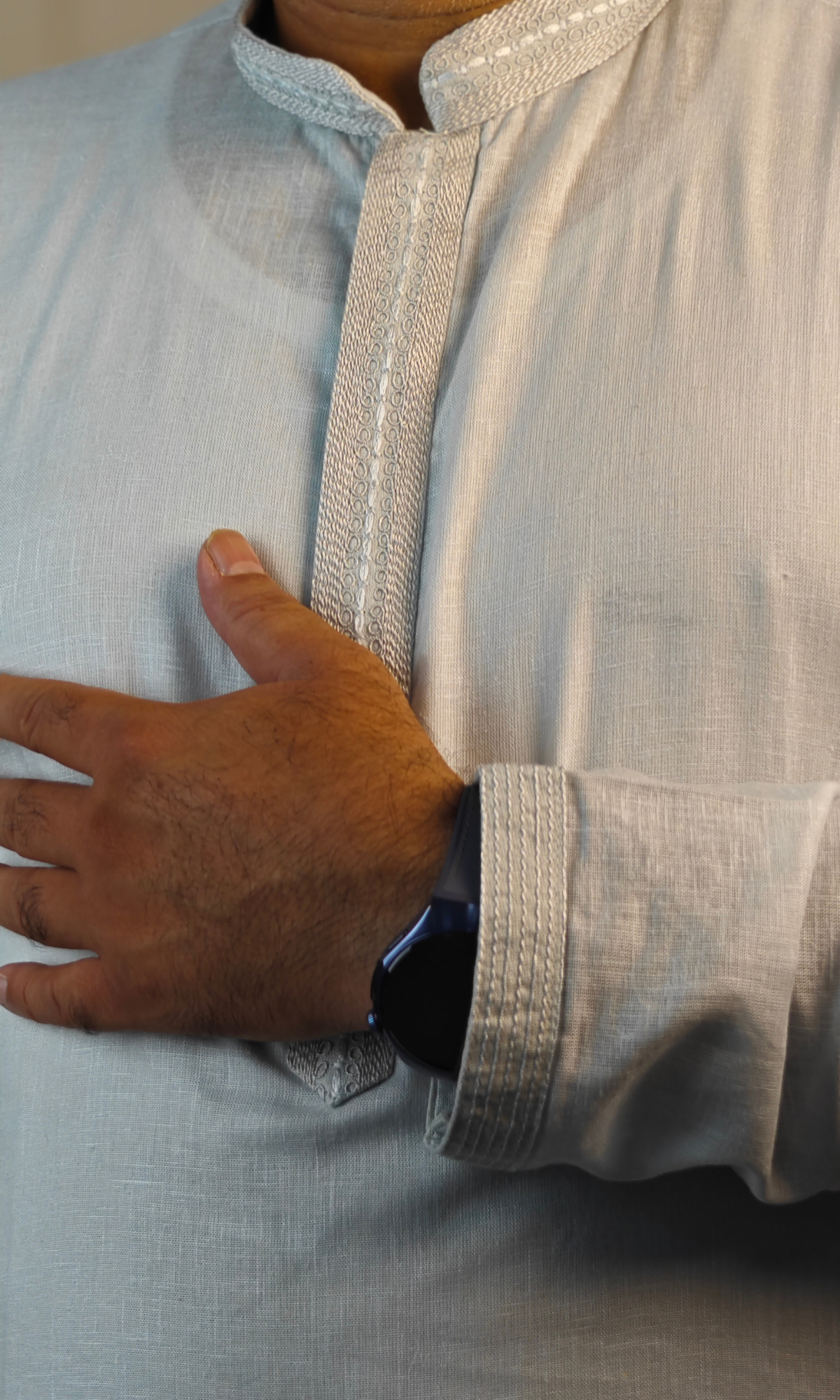 Elegant SkyBlue Linen Kurta with Embroidered Neck and Cuffs