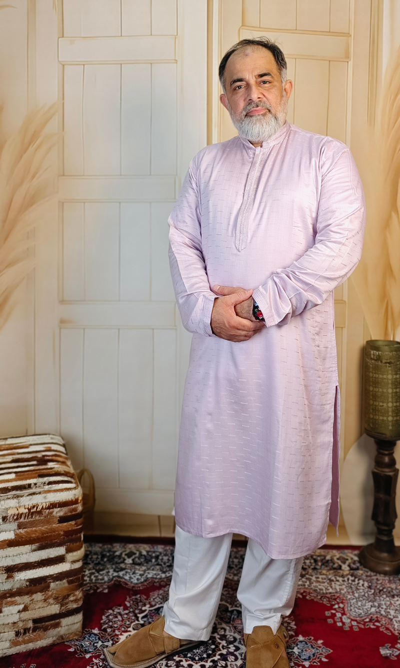 Pink Viscose Linen Kurta with Embroidered Neck & Cuffs