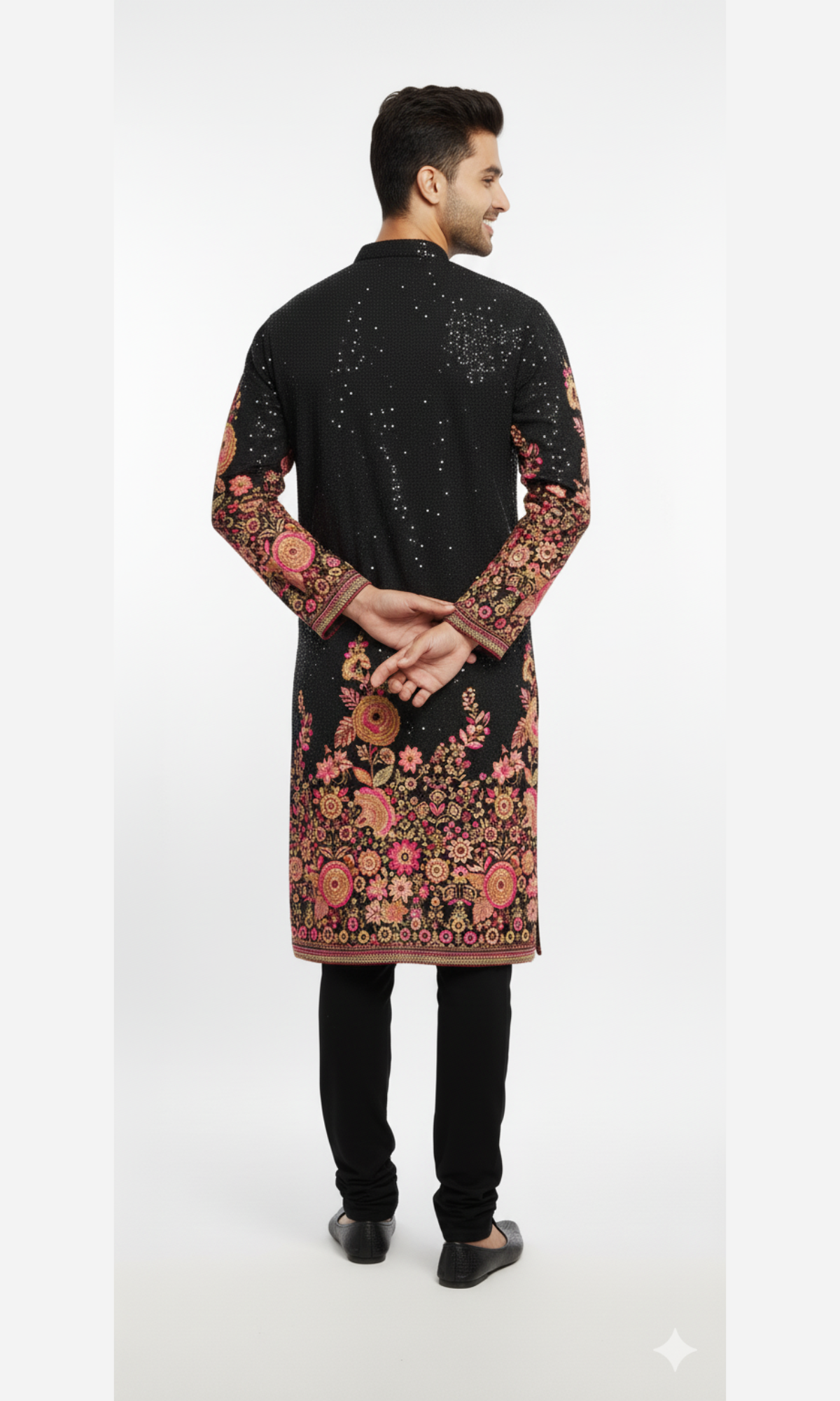Men's Floral Embroidered Black Kurta