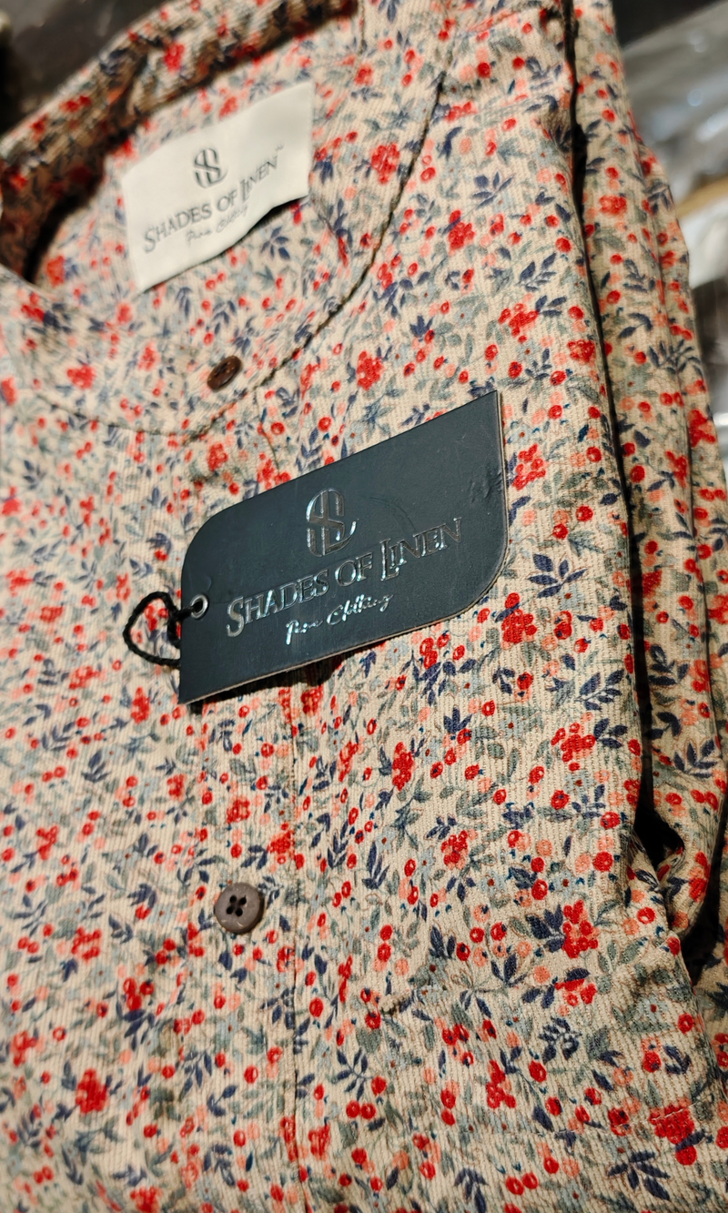 Cream Floral Corduroy Kurta - Red & Blue Botanical Print