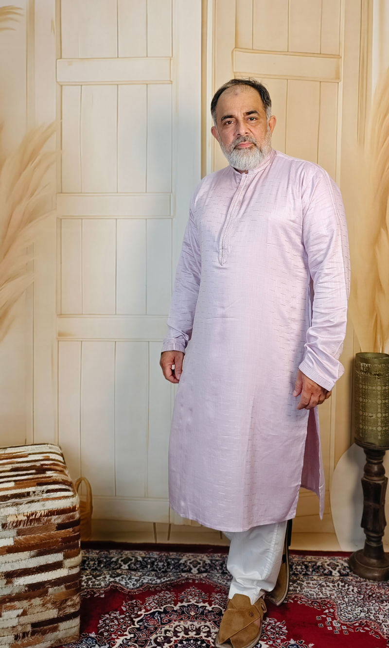 Pink Viscose Linen Kurta with Embroidered Neck & Cuffs