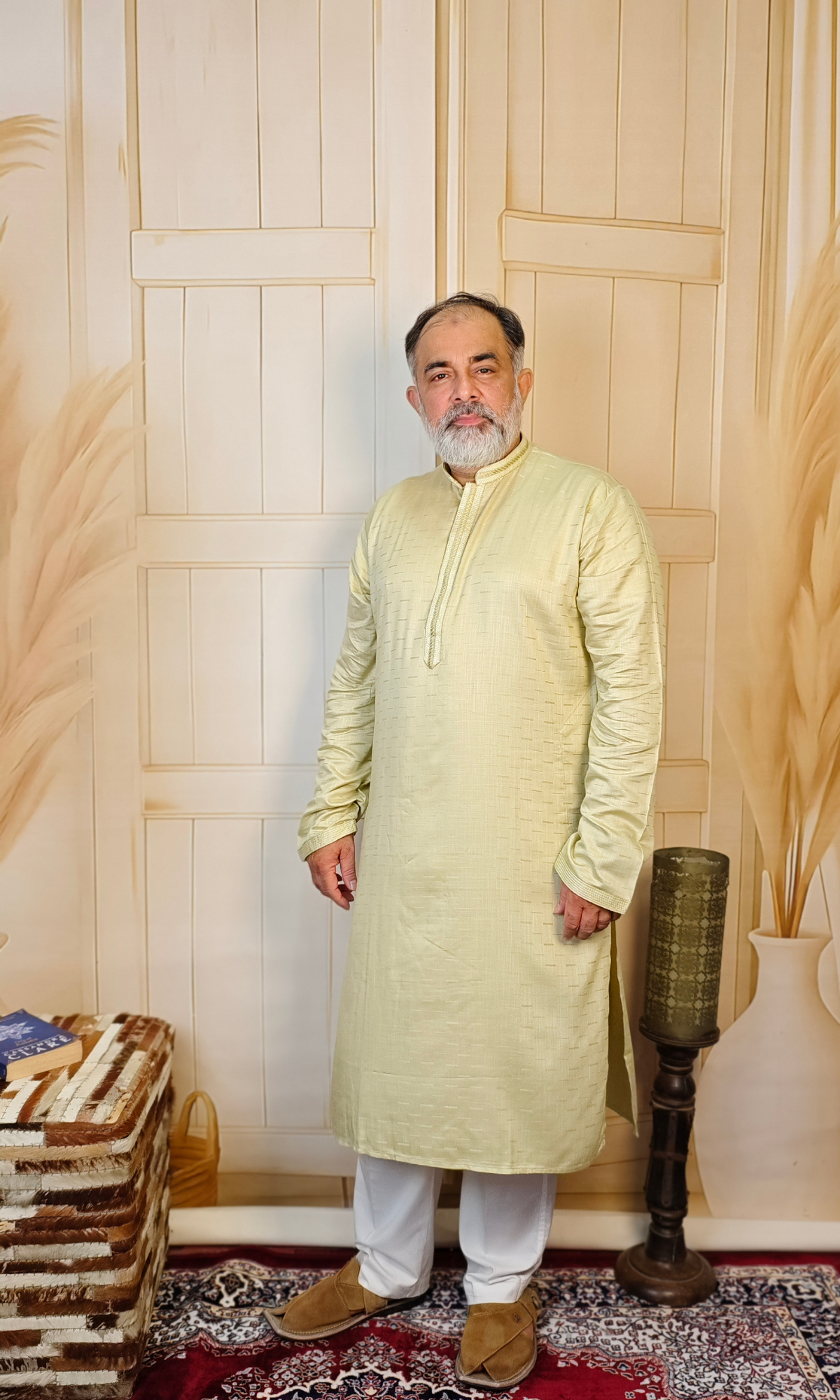 Elegant Light Green Viscose Linen Kurta with Delicate Embroidered Neck and Cuffs