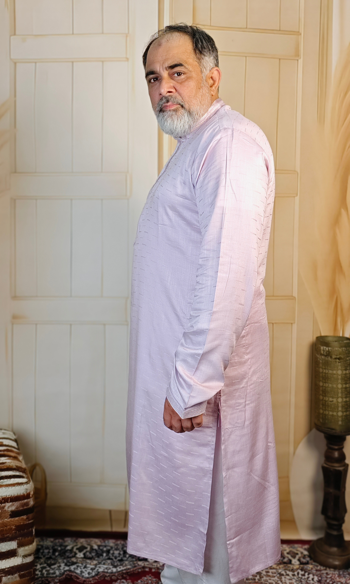 Pink Viscose Linen Kurta with Embroidered Neck & Cuffs