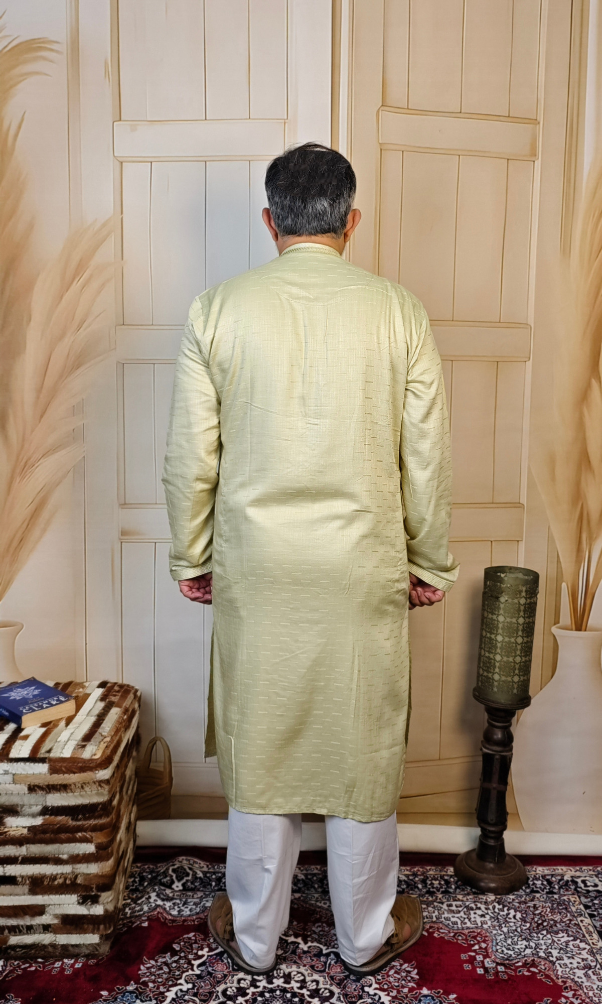 Elegant Light Green Viscose Linen Kurta with Delicate Embroidered Neck and Cuffs