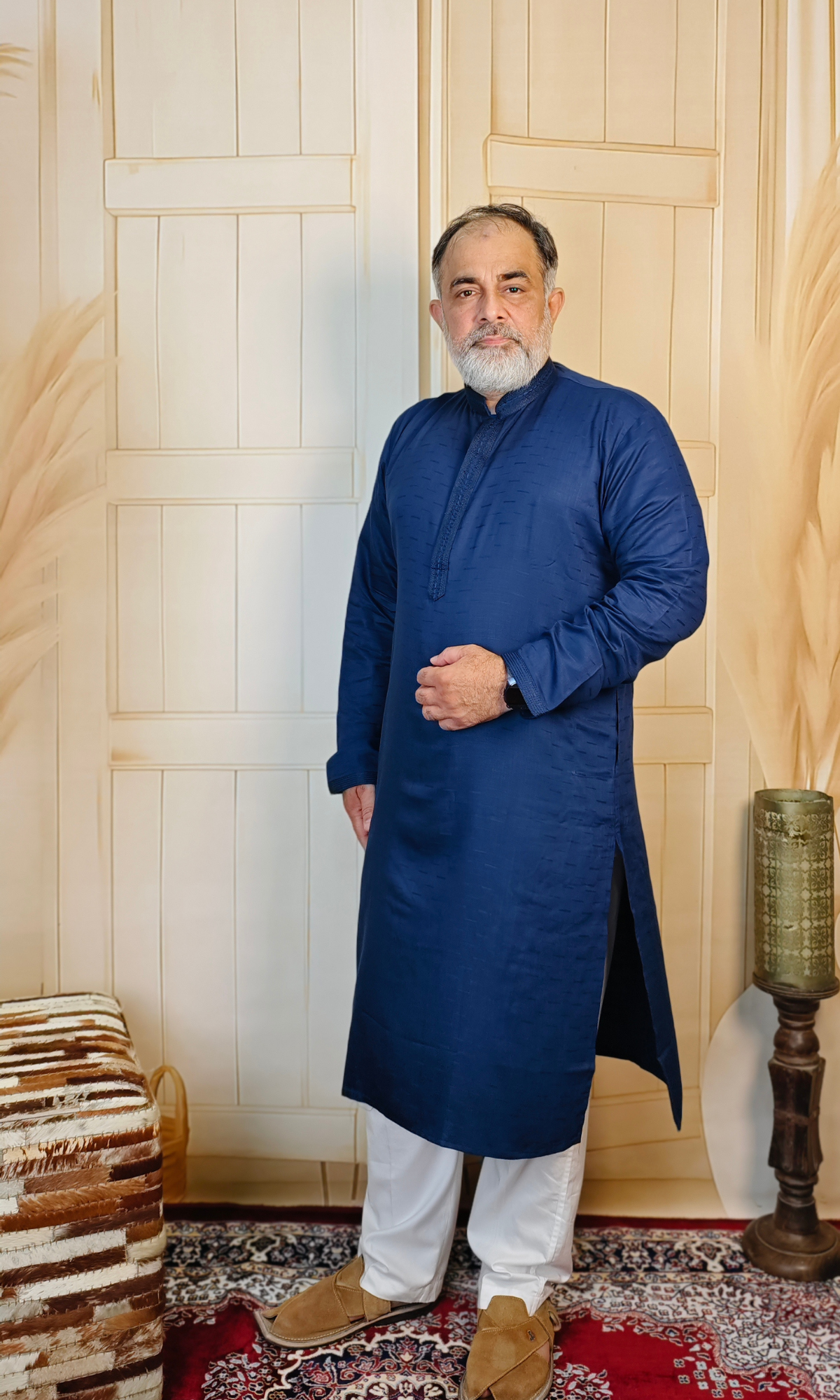 Navy Blue Viscose Linen Kurta with Embroidered Neck & Cuffs