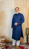 Navy Blue Viscose Linen Kurta with Embroidered Neck & Cuffs