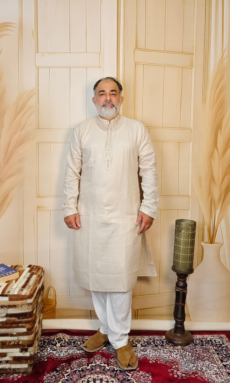 Beige Linen Kurta with Elegant Embroidered Neck and Cuffs