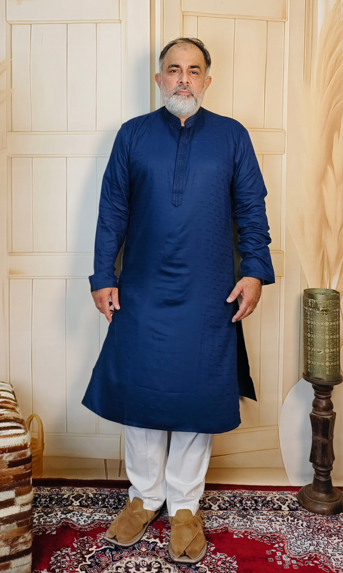 Navy Blue Viscose Linen Kurta with Embroidered Neck & Cuffs