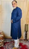 Navy Blue Viscose Linen Kurta with Embroidered Neck & Cuffs