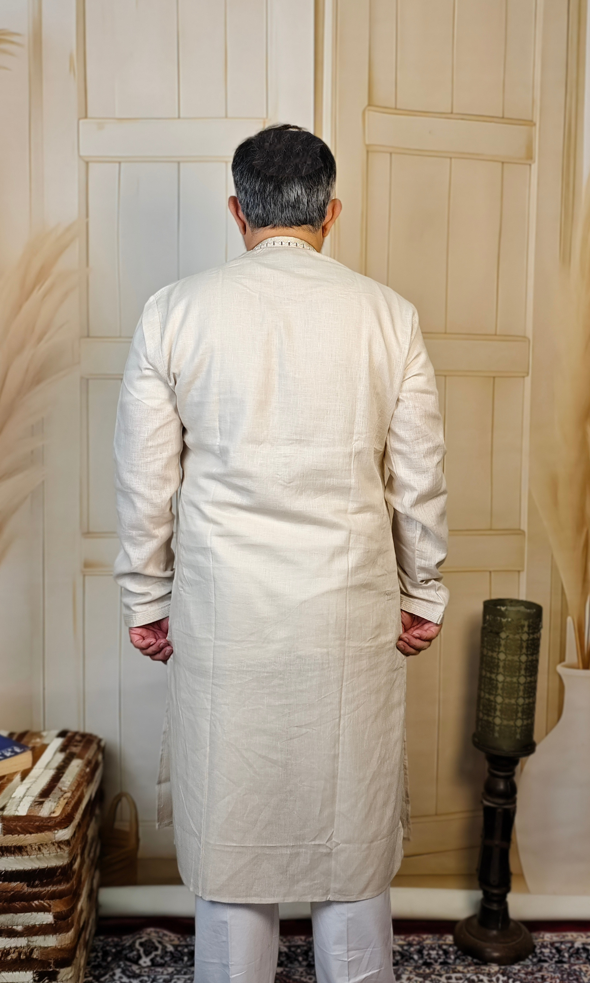 Beige Linen Kurta with Elegant Embroidered Neck and Cuffs