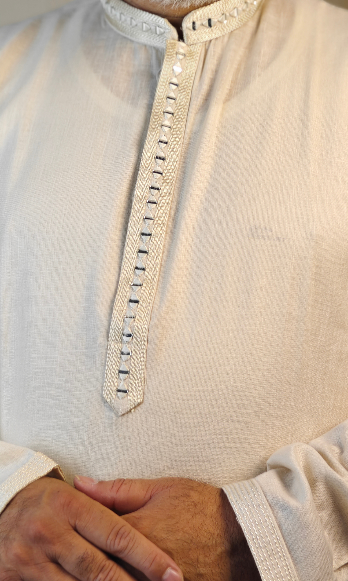 Beige Linen Kurta with Elegant Embroidered Neck and Cuffs