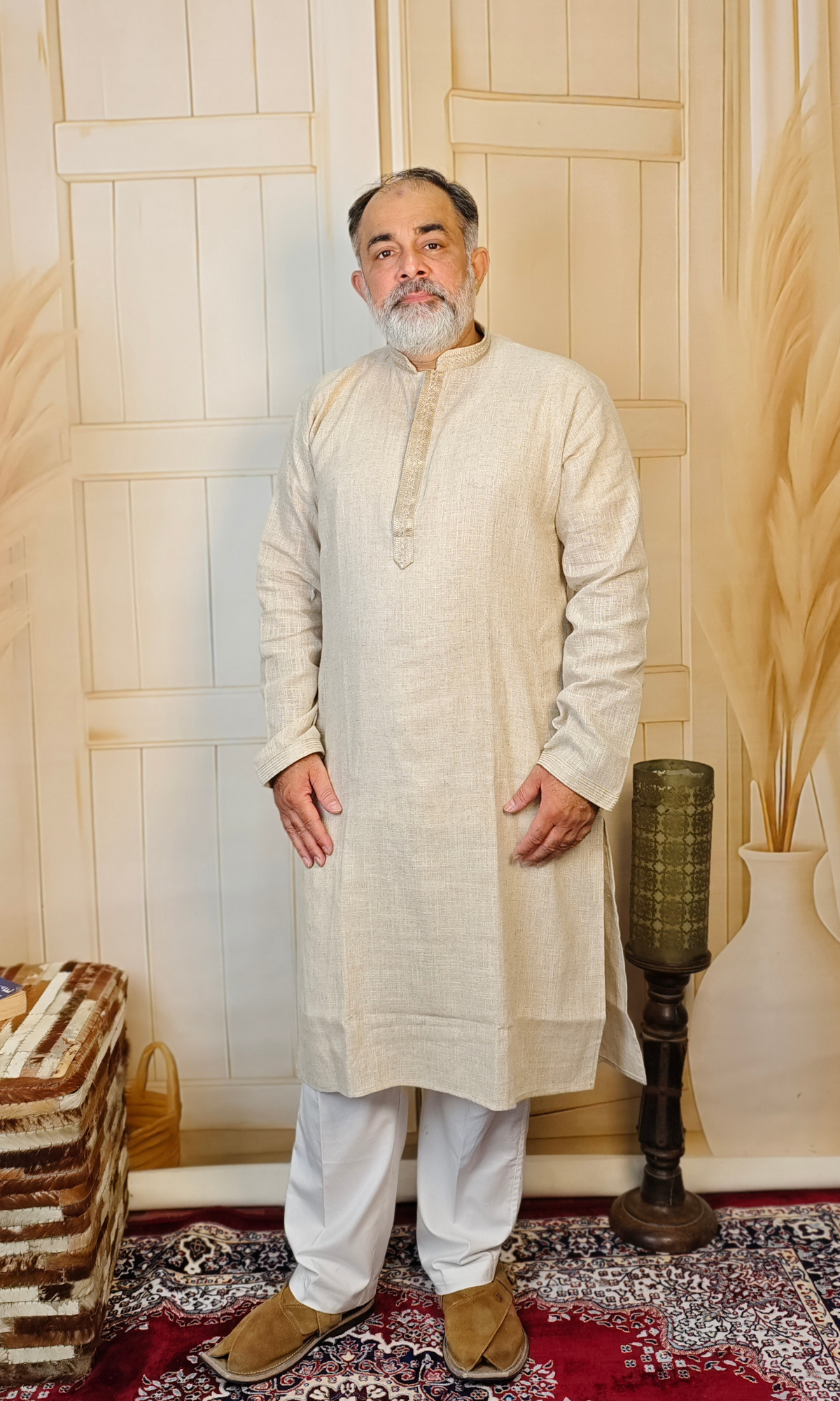 Elegant Beige Jute Linen Kurta with Detailed Embroidered Neck and Cuffs