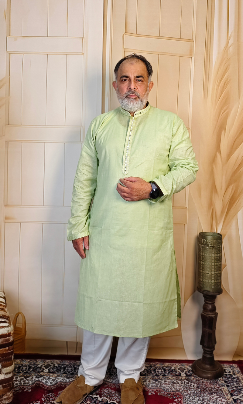 Green Pure Linen Kurta with Embroidered Neck & Cuffs