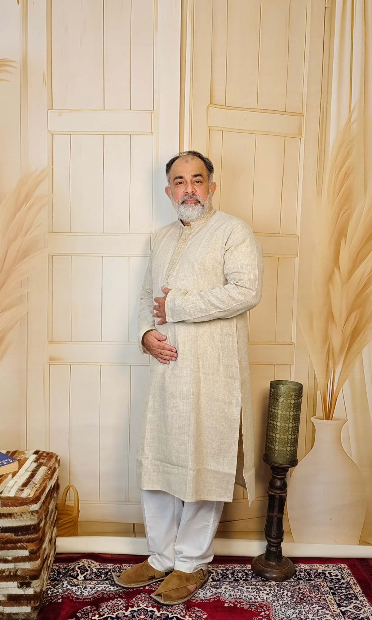 Elegant Beige Jute Linen Kurta with Detailed Embroidered Neck and Cuffs