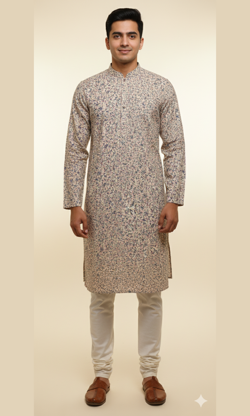 Men's Pastel Floral Corduroy Kurta - Subtle Blue & Pink Bloom