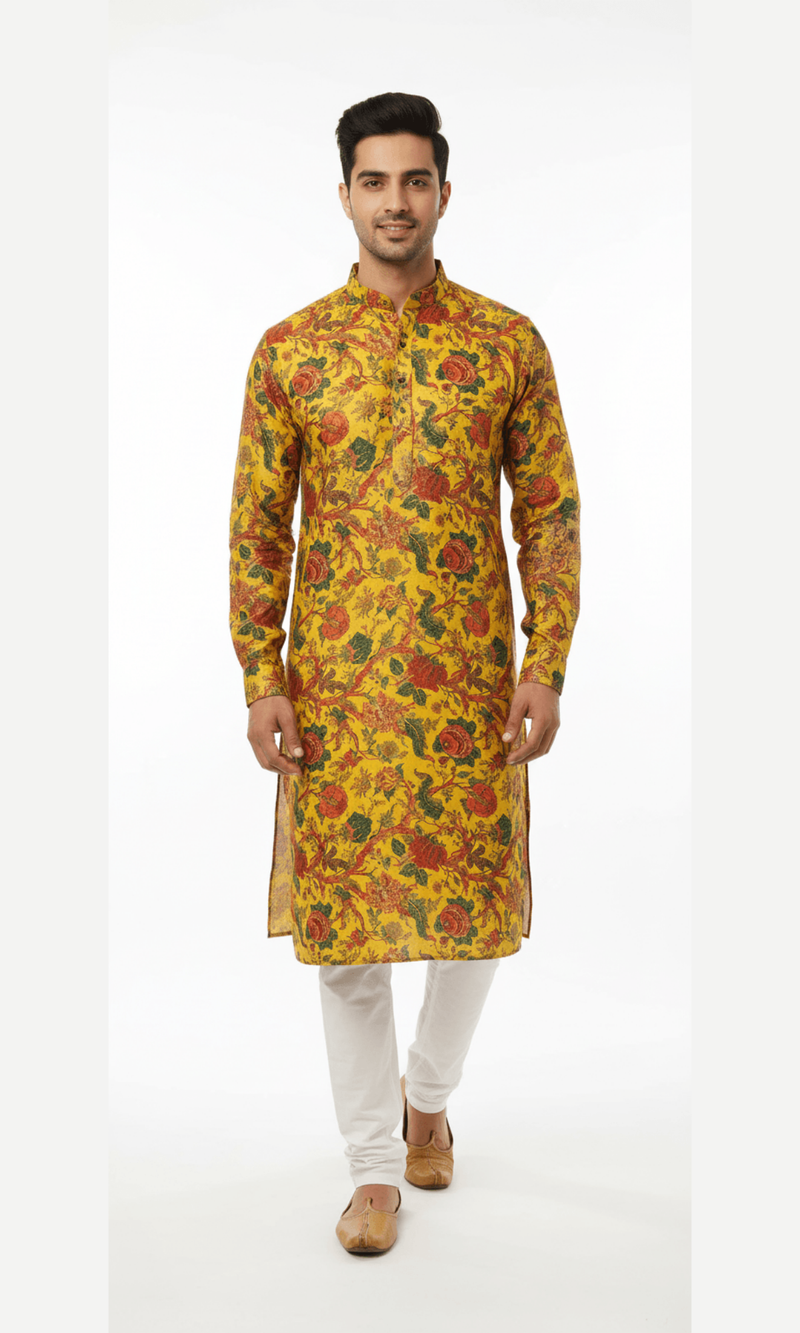 Mustard Yellow Floral Printed Kurta for Men
