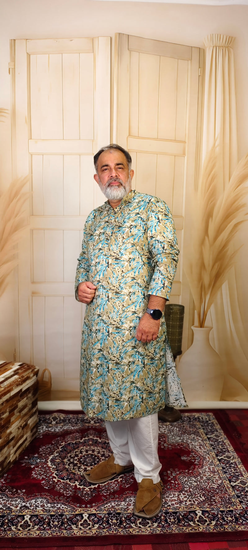 Beige and Blue Cotton Printed Kurta