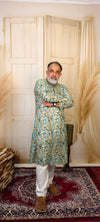 Beige and Blue Cotton Printed Kurta