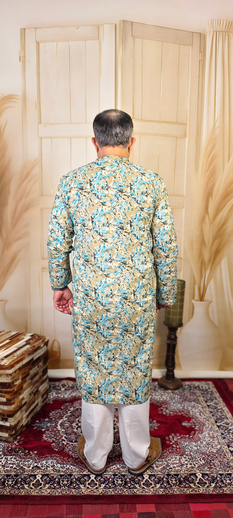 Beige and Blue Cotton Printed Kurta