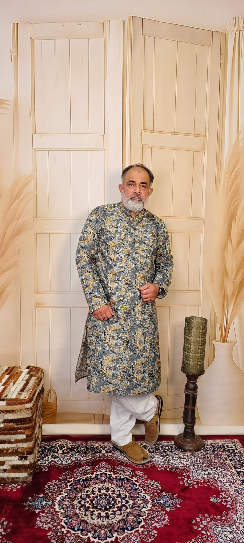 Grey Cotton Kurta with Mustard Leaf Print