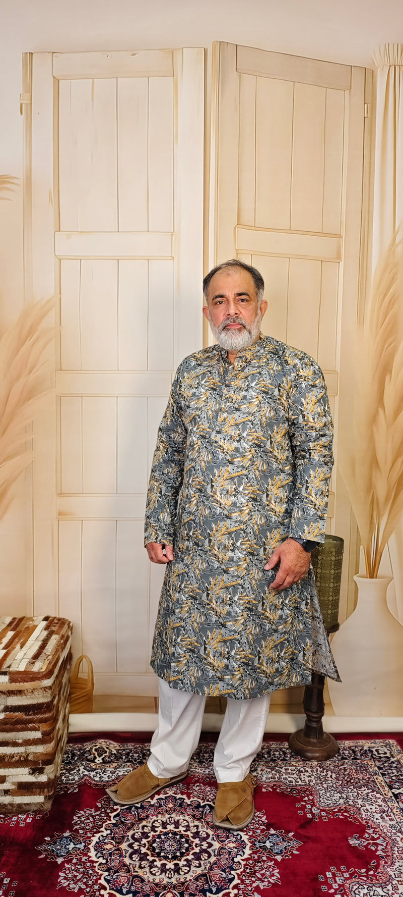 Grey Cotton Kurta with Mustard Leaf Print
