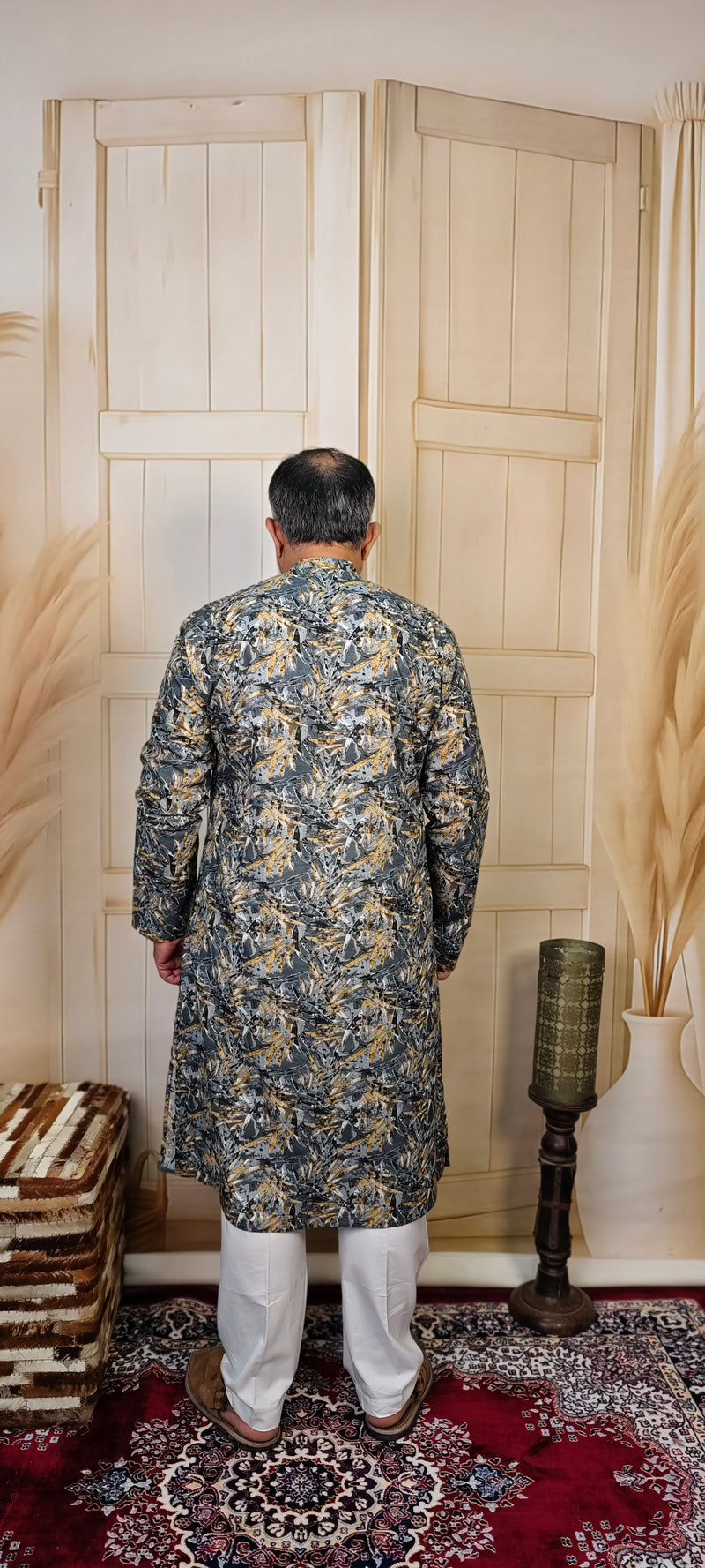 Grey Cotton Kurta with Mustard Leaf Print