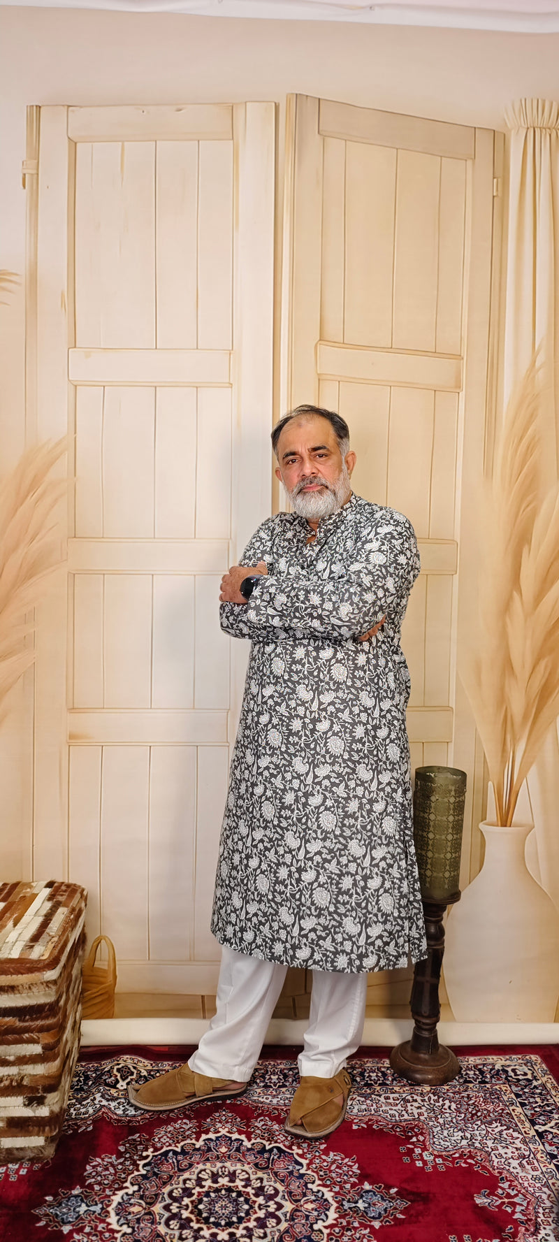Black and White Cotton Printed Kurta