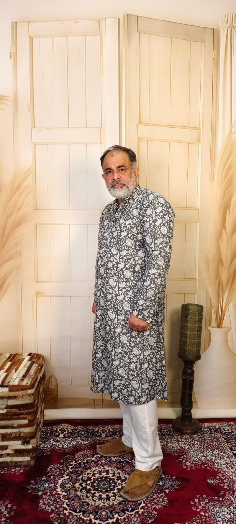 Black and White Cotton Printed Kurta